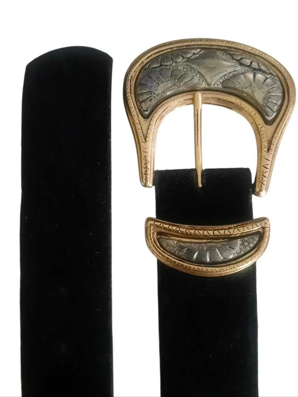 Vtg Black Wide Suede Belt w/Antique Silver-Gold Buckle & Loop Sz S Made In Italy